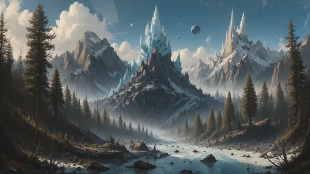 alien landscape, Biomechanical towering metallic giants, Glacial rivers carving through jagged ice formations, Towering sequoias reaching for endless skies , alien [fauna:flora:0.5], Spotlighting, <lora:Misty_Vintage:0.8>, <lora:Graffiti_SDXL:0.5> ais-graffiti, <lora:great_lighting:0.4> great lighting