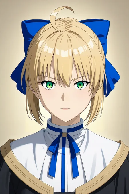 score_9, score_8_up, score_7_up, source_anime, rating_safe, , (photorealistic:0.6), looking at viewer, , , 1girl, saber \(fate\), blonde hair, green eyes, ahoge, hair between eyes, hair bun, hair bow, solo, Artificial intelligences (AIs)- Digital entities represented as holographic projections or glowing avatars., <lora:sousou_no_frieren_style_pony:0.78>, sousou_no_frieren_style, <lora:sdxl_lightning_8step_lora:1>