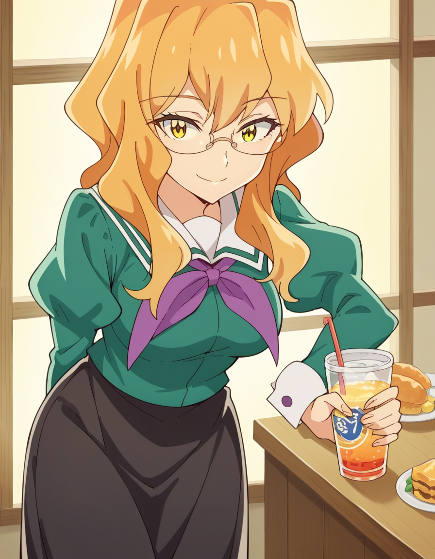 score_9, score_8_up, score_7_up, source_anime, <lora:sumika-chibana-s1-ponyxl-lora-nochekaiser:1>, sumika chibana, long hair, blonde hair, yellow eyes, glasses,, skirt, long sleeves, school uniform, puffy sleeves, serafuku, purple neckerchief, green shirt, black skirt, long skirt,, izakaya, drinks, food, stools, social, smile, hands behind back, bent over,, looking at viewer, solo,, dutch angle, cowboy shot