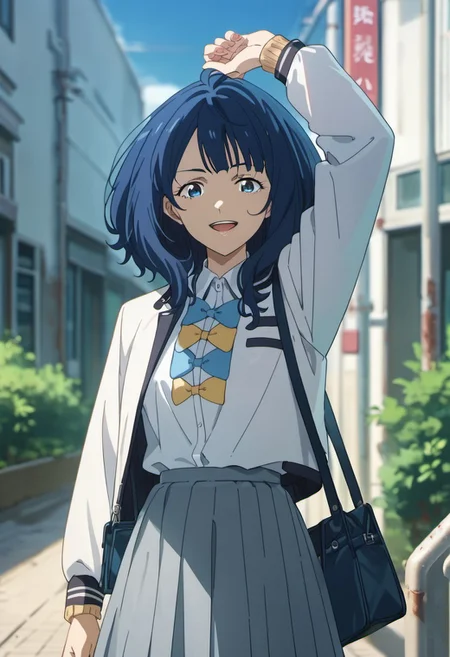 score_9, score_8_up, score_7_up, source_anime,yanami anna, blue hair, blue eyes, 1girl, solo, skirt, bag, school uniform, arm up, outdoors, jacket, open mouth, smile, looking at viewer