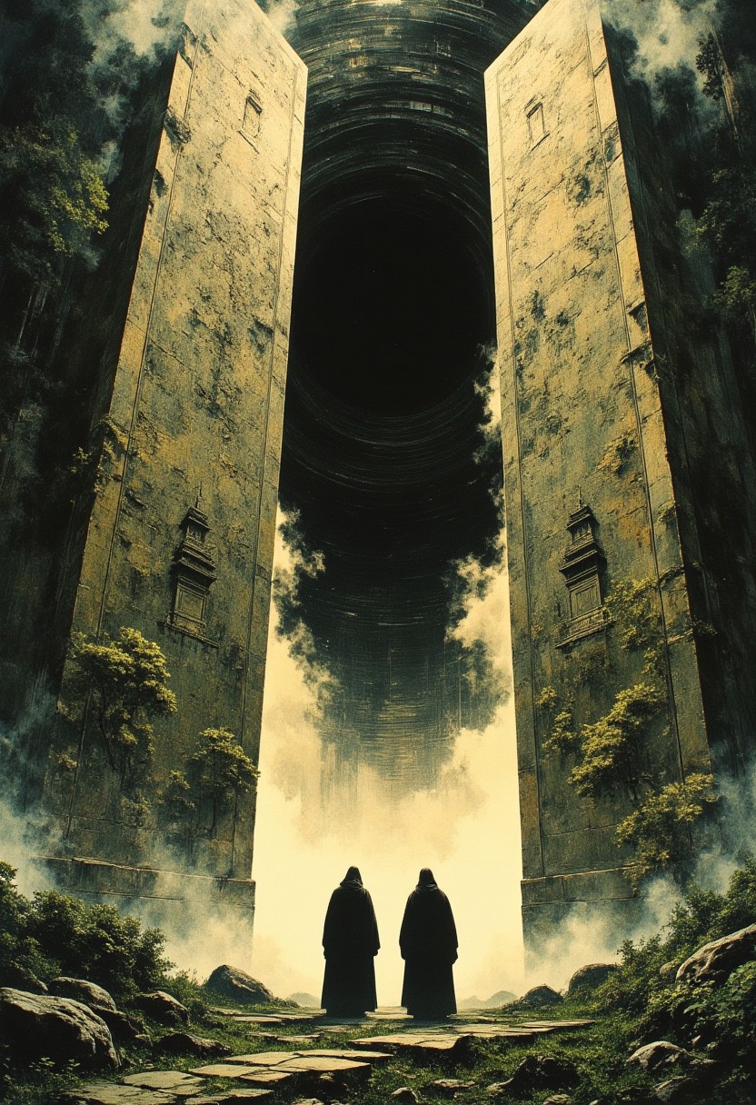 Two mysterious figures standing before a colossal ancient gate split open, revealing a dark, swirling void within. The gate is intricately carved with ornate patterns, depicting serene trees and pagodas on either side, illuminated by a soft golden glow. The atmosphere is shrouded in mystery, with faint mist rolling along the ground and lush greenery surrounding the scene, suggesting a lost, sacred place.