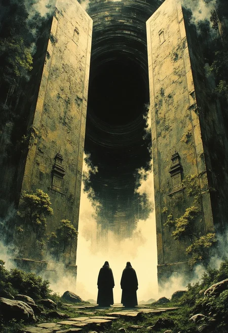 Two mysterious figures standing before a colossal ancient gate split open, revealing a dark, swirling void within. The gate is intricately carved with ornate patterns, depicting serene trees and pagodas on either side, illuminated by a soft golden glow. The atmosphere is shrouded in mystery, with faint mist rolling along the ground and lush greenery surrounding the scene, suggesting a lost, sacred place.