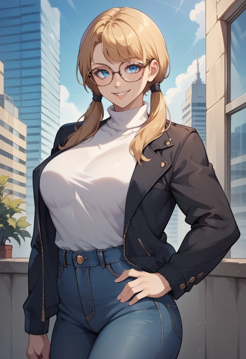 score_9, score_8_up, score_7_up, score_6_up,  source_anime BREAK, <lora:R.MikaSF:1>,RMikaSchool, low twintails, glasses, cityscape, smile, looking at viewer, white turtleneck, jeans, hand on own hip, black jacket, breasts, 1 girl, blue eyes