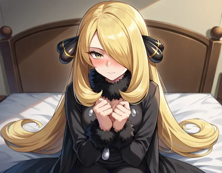 score_9, score_8_up, score_7_up, source_anime,
pokemoncynthia, <lora:pokemon-cynthia-ponyxl-lora-nochekaiser:1>
pokemoncynthia, blonde hair, hair ornament, hair over one eye, long hair, yellow eyes,
black coat, black pants, black shirt, coat, fur collar, fur trim, fur-trimmed sleeves, pants, shirt,
indoors, bed, bed room, on side, blush, drunk,
looking at viewer, cowboy shot, dutch angle,