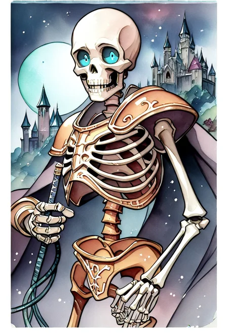 (((anatomical hands))), skeleton with knight armor standing with a long sword, blue eyes, score_9, score_8_up, score_7_up, score_6_up, score_5_up, score_4_up, ((skeleton)), black rusty armor, (((jeweled headband))), stylized brown breastplate, (((whip))), steel sword, ((((whip with handle)))), ((single sword in hand)), ((action pose)), (((((single pauldron))))), metal wristbands, (((((bald))))), ((((castle background)))), bright moon, dark cloudy skies, blu glowing eyes, black sclera, empty eyes, (watercolor painting:2), night, ((spooky backdrop)),, spooky castle behind, bats flying, bones with fissures