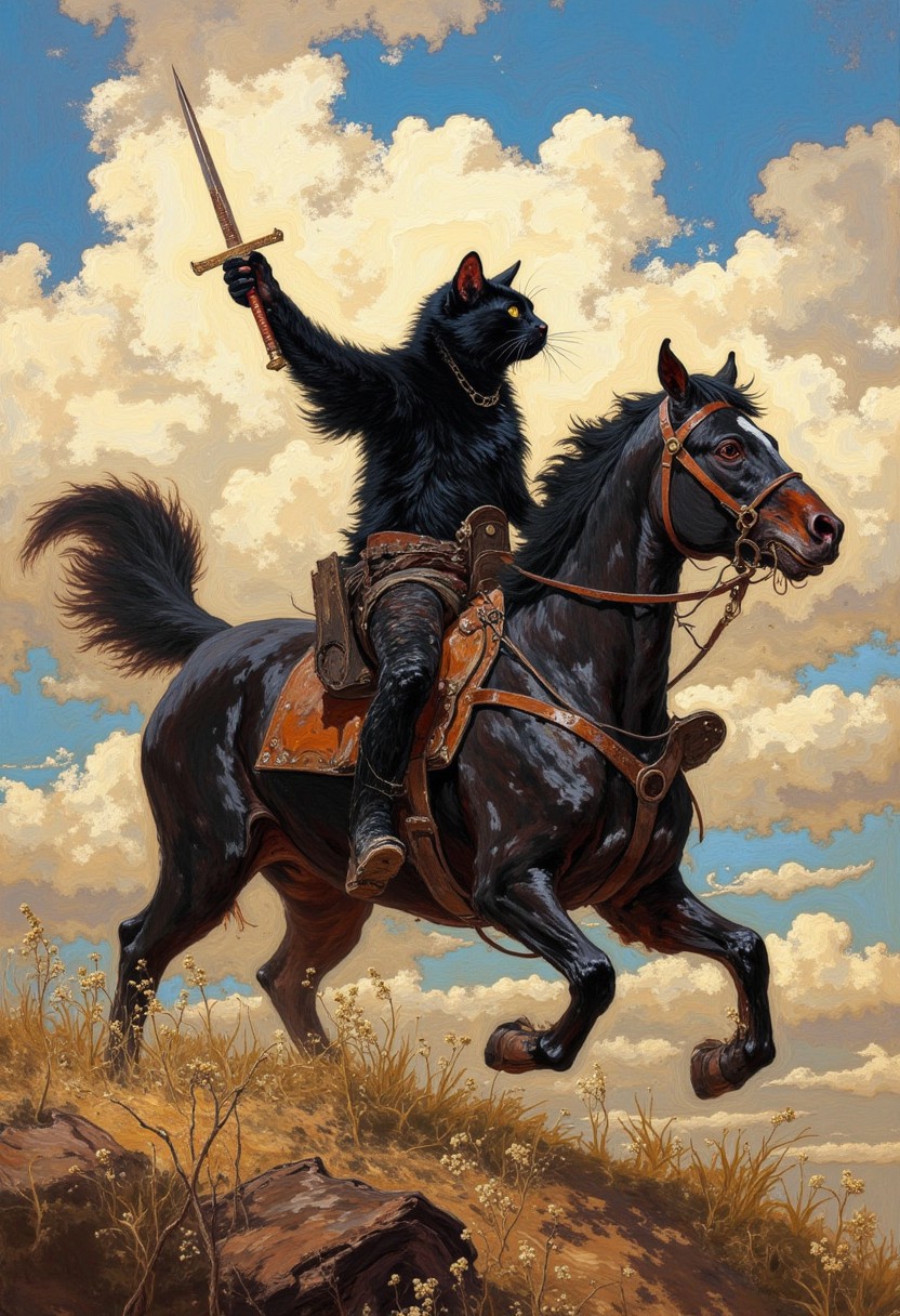 oil painting of a black cat on horseback with a sword pointed to the sky. Text 'God wills it' DB4RZ, DB4RZ style painting