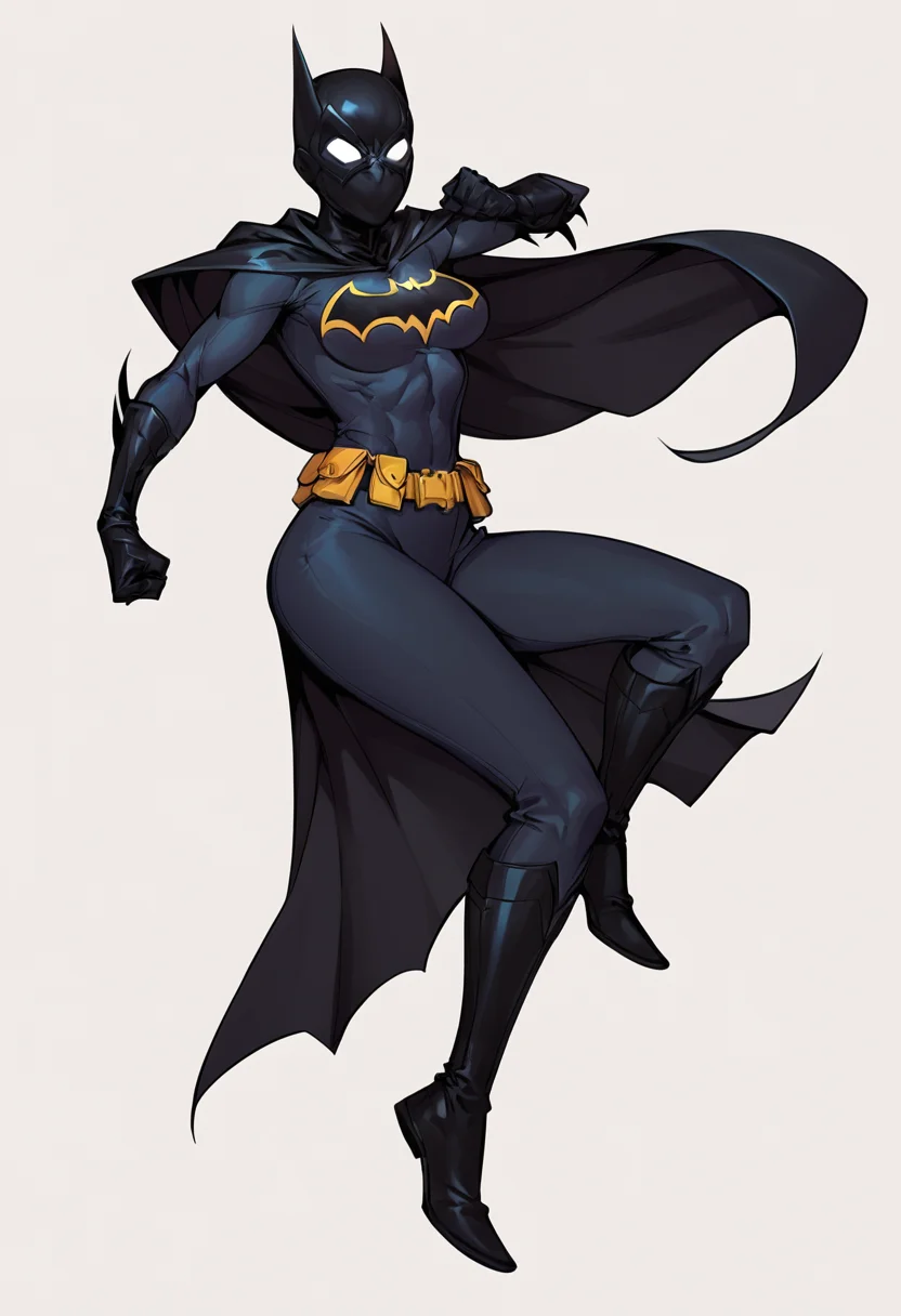 score_9, score_8_up, score_7_up, score_6_up, 1girl, full body shot, looking at viewer, solo, simple background, white background, action pose, cassandra-wayne, asian, chinese, Batgirl-outfit, black cape, white eyes, mask
