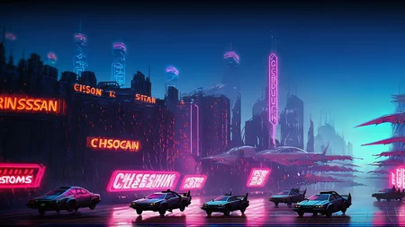 Cyberpunk cityscape with neon signs and flying cars <lora:bBackground:1.3>