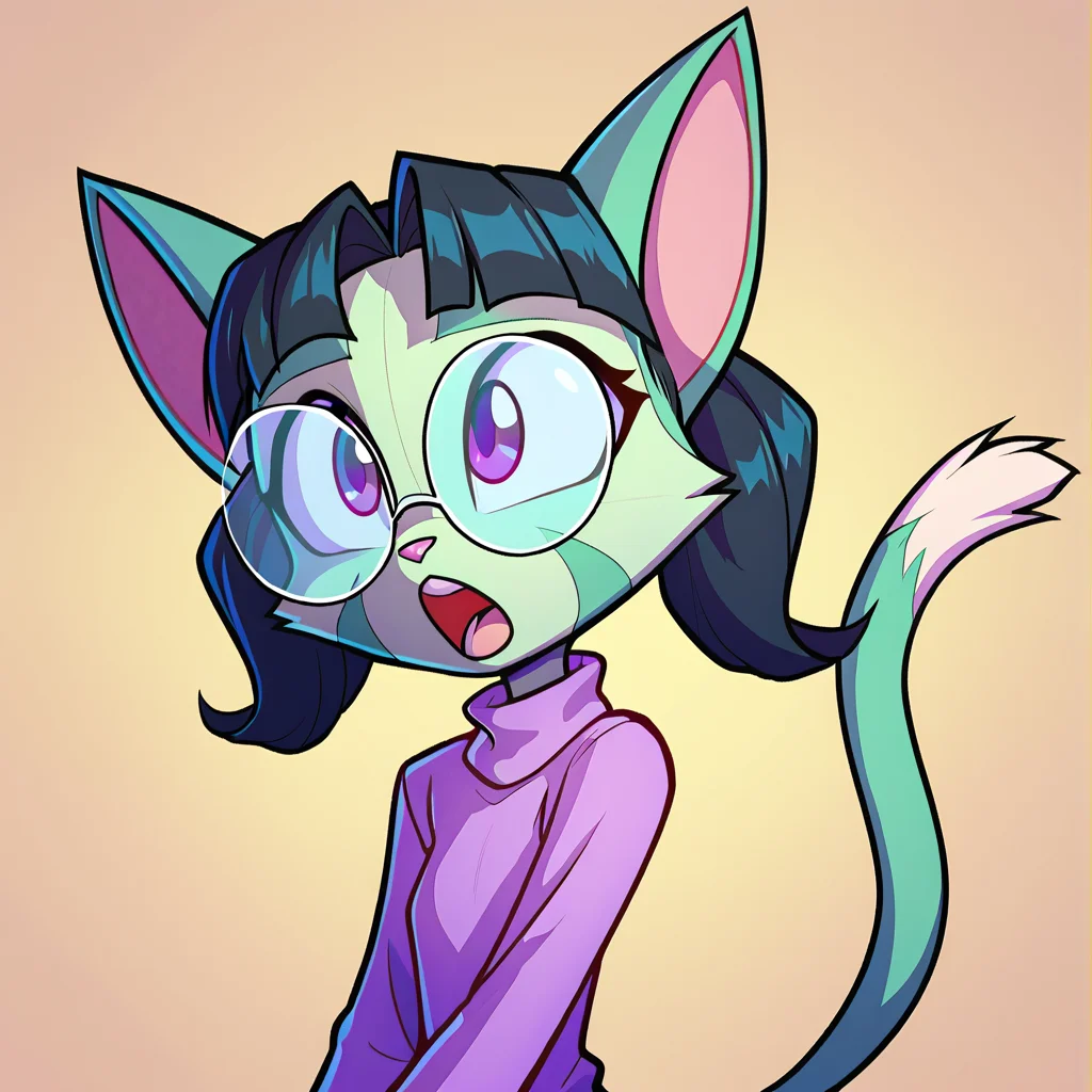 score_9, score_8_up, score_7_up,
Dreamkeepers,lilith_calah, 1girl,solo,short hair,open mouth,simple background,black hair,long sleeves,animal ears,purple eyes,glasses,cat ears,flat chest,sweater,turtleneck,cat tail,furry,round eyewear,animal nose
,<lora:dreamkeepers_multiple_Characters:0.8>,