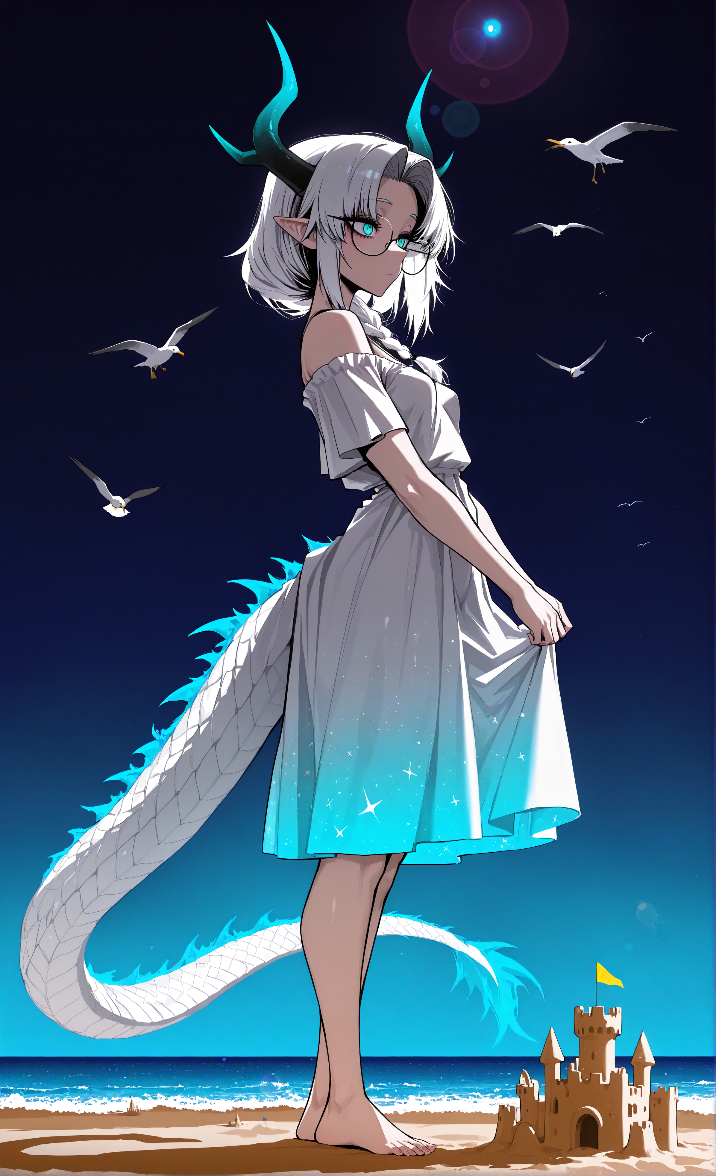 masterpiece, sharp detail, intricate detail, 1girl, j.k., mature female, dragon girl, white dragon tail, white dragon horns, white hair, black tips, medium hair, curtained hair, side braid, glasses, pointy ears, aqua eyes, small breasts, ink art, summer dress, bare shoulders, short sleeves, off shoulder, white dress, starry print on dress, gradient dress, from side, bare foot, sand, ocean, seagulls, lens flare, color splash, neon palette,  blue background, gradient background, off-shoulder dress, sand castle,  chiaroscuro, volumetric lighting, dappled light, dramatic shadows, cinematic lighting, detailed background, light and shadow contrast, <lora:aboba_prime_3:0.8>
