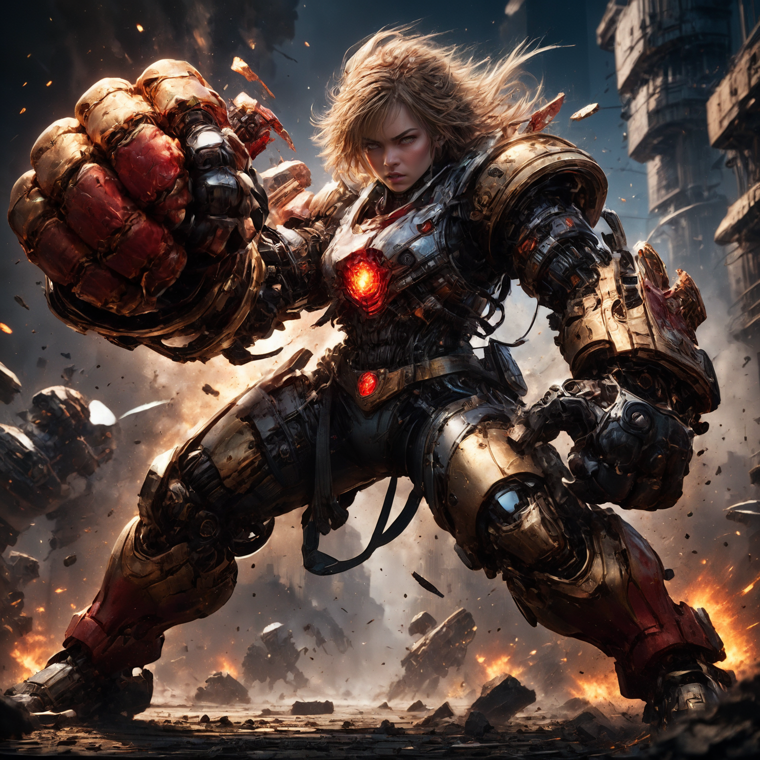 amazing quality, masterpiece, best quality, hyper detailed, ultra detailed, UHD, HDR, DOF, depth of field, perfect anatomy, sci-fi,
female, (red hybrid gold) giant mechanical arms, fighting stance, fist, hand up, angry,
glowing, shine, dazzling, war, explosion in background, flame in background, 
<lora:cfc-giant-mechanical-arms:0.7>,
 <lora:ral-vlntxplzn:0.8>, ral-vlntxplzn,
<lora:add-detail-xl:0.85>, 
<lora:EnvyBetterHiresFixXL01:1.0>, 
<lora:extremely_detailed:1.2>, extremely detailed,