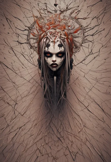 score_9, score_8_up, score_7_up, score_6_up, Dark Beauty, A scary girl, full body, a lone person getting surrounded by an angry mob of people in a circle, surreal illustration, stunning details, Bronze skin, long crazy TigerOrange hair, Wood eyes, a dark and mysterious appearance, facial tattoos, gothic aura.
