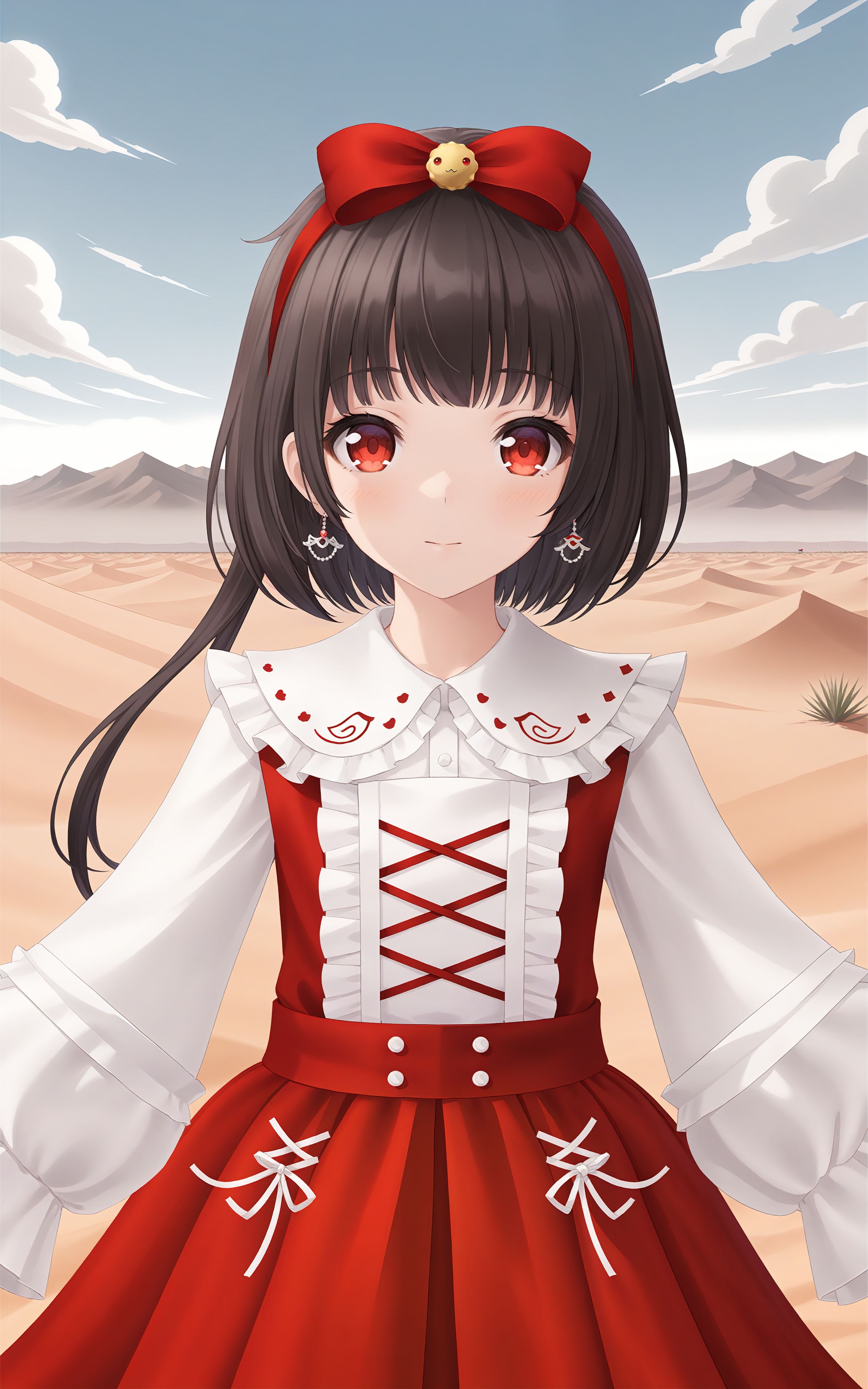 <lora:sdxl_base_yousa v1.1:0.8>, masterpiece, best quality, yousa, yousa_LittleKite, 1girl, solo, red eyes, DMB_hair, LittleKite_hair_ornament, (LittleKite_suits:1.2), looking at viewer, cloudy, desert