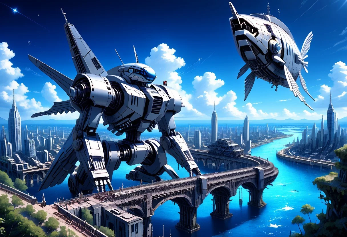 fastenerswm, scenery,building,city,water,cityscape,sky,outdoors,cloud,cloudy sky,bridge,day,ruins,skyscraper,blue sky,ocean,tower,tree,fish, mecha,science fiction,no humans,glowing,retro artstyle,space,star \(sky\),planet,earth \(planet\),space craft,starry sky,weapon,milky way, by advntr,
