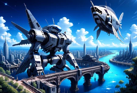fastenerswm, scenery,building,city,water,cityscape,sky,outdoors,cloud,cloudy sky,bridge,day,ruins,skyscraper,blue sky,ocean,tower,tree,fish, mecha,science fiction,no humans,glowing,retro artstyle,space,star \(sky\),planet,earth \(planet\),space craft,starry sky,weapon,milky way, by advntr,