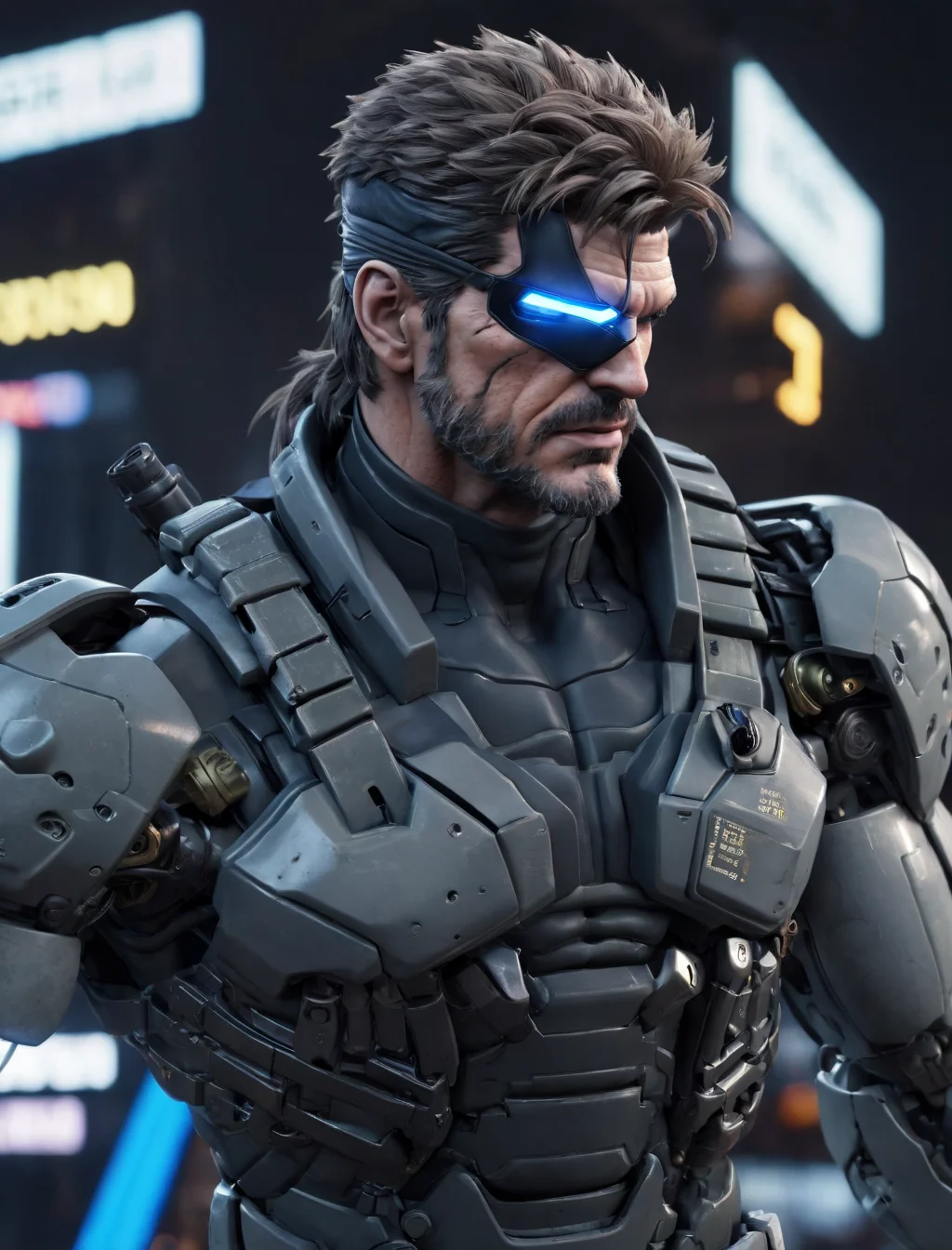 solid snake, neon city, ultra realistic, 4K, award winning, (mech arm:1.1) <lora:epiNoiseoffset_v2:0.6> , <lora:detail_slider_v4:1.0>, <lora:solidsnake-nvwls-v3-000012:1>