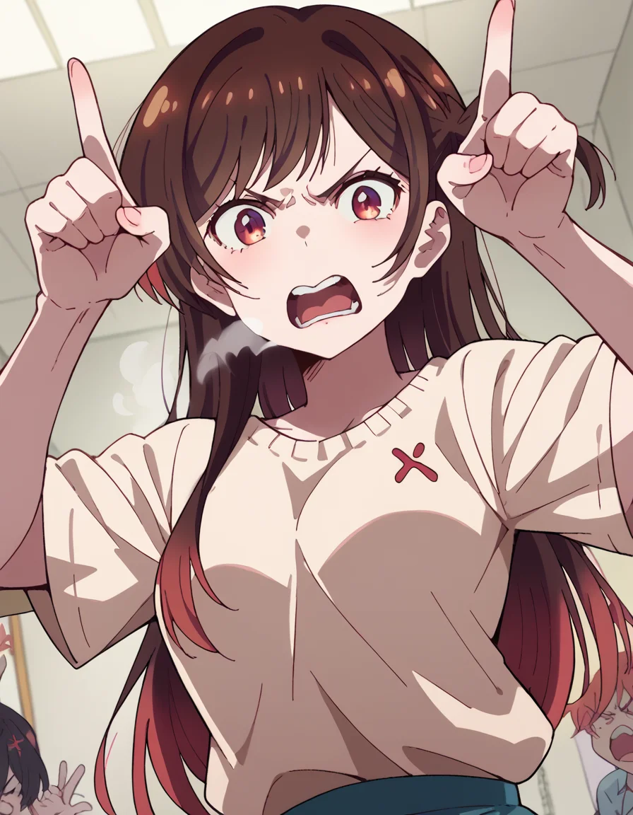 score_9, score_8_up, score_7_up, source_anime, chizuruichinose, <lora:chizuru-ichinose-s1-ponyxl-lora-nochekaiser:1>, chizuru ichinose,, <lora:horns-pose-ponyxl-lora-nochekaiser:1>, horns pose, index fingers raised, angry, steam, open mouth, shouting, anger vein,, indoors,, cowboy shot, dutch angle, looking at viewer,