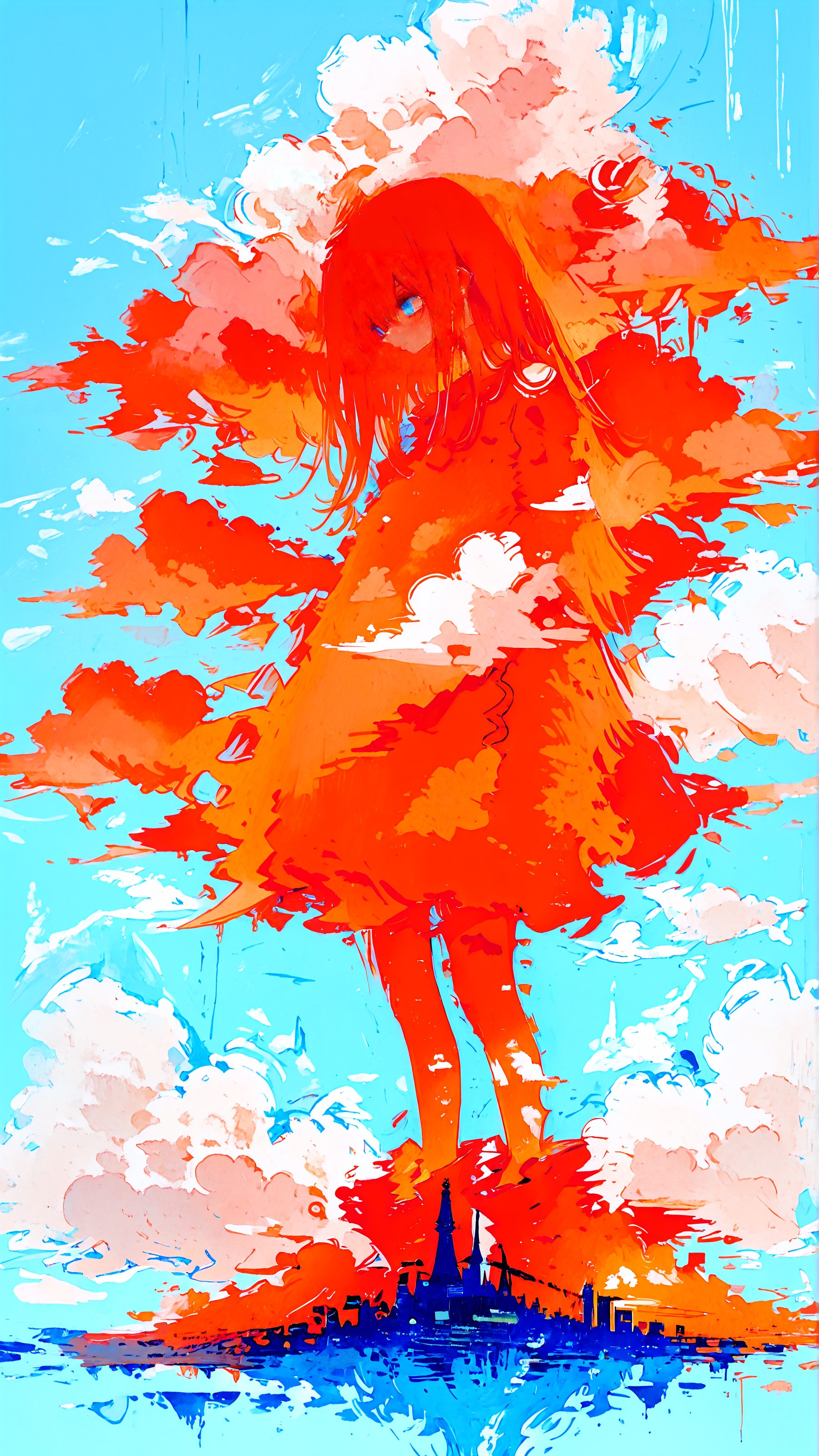 masterpiece, newest,absurdres,incredibly absurdres, best quality, amazing quality, very aesthetic, simple light blue background, surreal, orange hue,
1woman, cloud dress, gigantess, (paris:1.2), (cloudgirl:1.3), cityscape, cumulonimbus cloud, cloud legs,
<lora:ka_marukogedago:0.8> k4_illu, abstract, traditional media, scan, blending, painting \(medium\), oil painting \(medium\) <lora:XXX477:0.6> xxx667_illu,  <lora:fuyumur4s4ki_style:1> fuyumur4s4ki_illu
