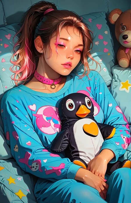 score_9,score_8_up,score_7_up, perfect hands, detailed background, smooth skin, detailed background, ukiyo-e, shiny skin, tiny blue couch, watching tv, wide shot, printed onesie, (cuddle stuffed toy, cuddling stuffed toy), stuffed penguin,
(1 female), brown hair, pink highlights, high ponytail, detailed hair, large breasts, pale pink lipstick, detailed brown eyes, pink glossy eyeshadow, elongated Eyeliner, leather collar, parted lips
<lora:add-detail-xl:1> <lora:CORE:1> <lora:GarvGirlsPony:1> <lora:Eyes:00.5> <lora:S1_Dramatic_Lighting_v2:0.7> s1_dram