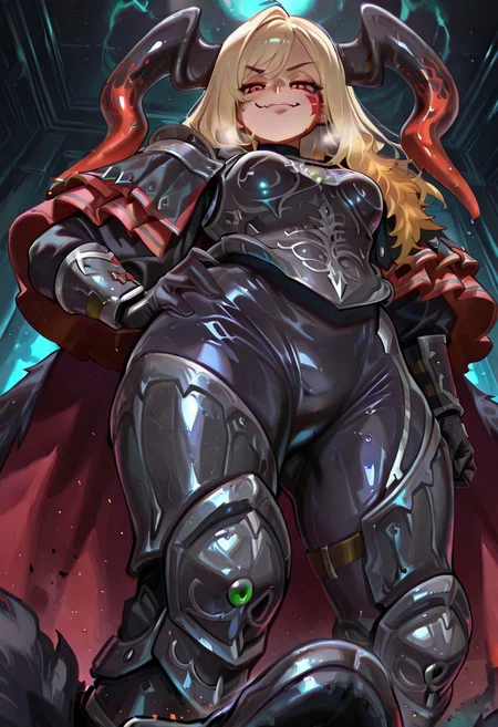 masterpiece, best quality, amazing quality, gloss_(hotglossed), Lhata4564_illu,
Dark room, low light, from below, smug, stepping on viewer, perspective,Stepping_onV1, drca, horns, black bodysuit, black breastplate, pauldrons, two tone cape, long fur cape, two tone cape, arm guards, black gloves, short red shoulder capelet, armored boots, single hand on hip,