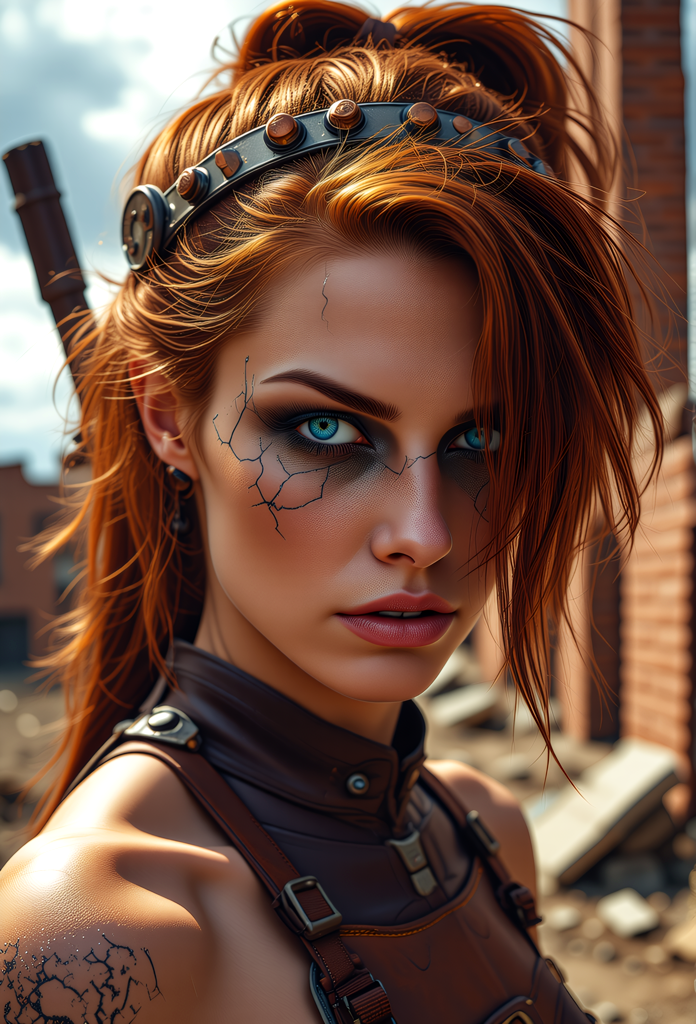 A formidable steampunk-inspired woman strides through a post-apocalyptic setting, her intense gaze drawing you in. Wearing a high-neck sleeveless, well worn, leather armor buckskin top with a utility harness, showcasing her athletic build. Her auburn hair, wild and untamed, frames piercing blue eyes, focused and determined. The cracked, dark makeup on her face resembling shattered glass, enhances her battle-hardened appearance. She wears a metal headband with copper studs, complementing her rugged style. The desolate backdrop, with crumbling brick buildings, threatening clouds, and the setting sun casting long shadows, creates a dramatic atmosphere, highlighting this powerful woman's resilience and strength in a harsh dystopian world.    <lora:scifi/fluxPunk_v1.safetensors:1.0>,  <lora:flux/mjv6_lora flux.safetensors_converted.safetensors:1.0>,  <lora:flux/flux_realism_lora.safetensors:1.0>,