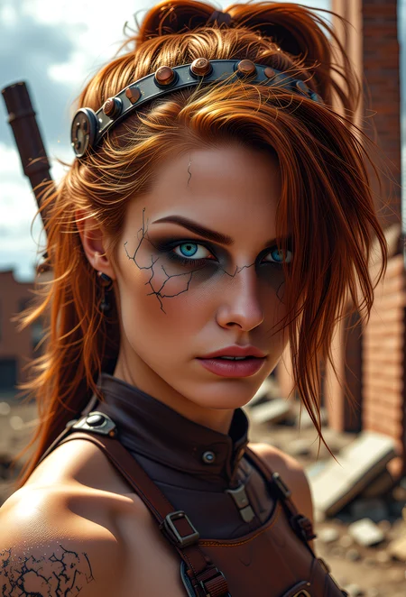 A formidable steampunk-inspired woman strides through a post-apocalyptic setting, her intense gaze drawing you in. Wearing a high-neck sleeveless, well worn, leather armor buckskin top with a utility harness, showcasing her athletic build. Her auburn hair, wild and untamed, frames piercing blue eyes, focused and determined. The cracked, dark makeup on her face resembling shattered glass, enhances her battle-hardened appearance. She wears a metal headband with copper studs, complementing her rugged style. The desolate backdrop, with crumbling brick buildings, threatening clouds, and the setting sun casting long shadows, creates a dramatic atmosphere, highlighting this powerful woman's resilience and strength in a harsh dystopian world.    <lora:scifi/fluxPunk_v1.safetensors:1.0>,  <lora:flux/mjv6_lora flux.safetensors_converted.safetensors:1.0>,  <lora:flux/flux_realism_lora.safetensors:1.0>,