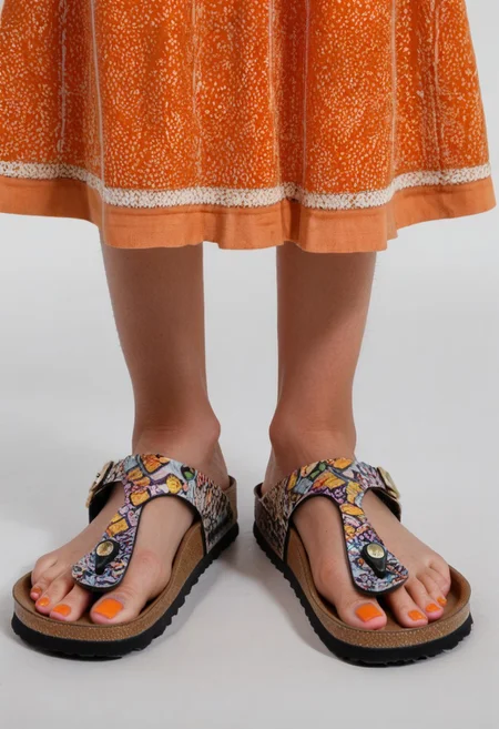 photograph of woman's feet wearing sandals, 1girl, solo, dynamic_pose, simple_background, white_background, gizehonfeet, (orange toenail_polish), (close-up:0.5), lower_body, footwear_focus, patterned long_skirt