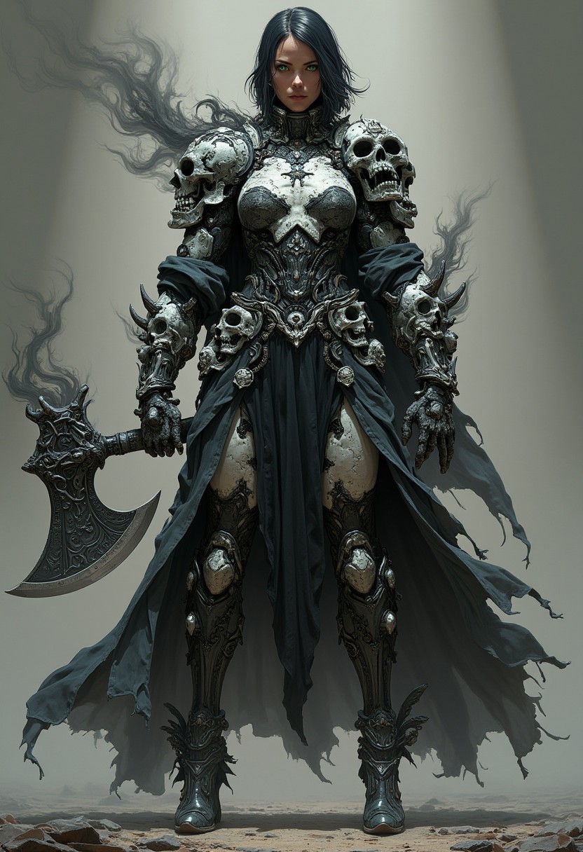female with marble face, skull arms, dark skin, ((stone golem woman)), strong body, Mature, mature face, 35 years, short black hair, hands holding axe craved with skulls Black flame flows around it, in fighting posture, crazy face, large Blade of darkness, style, octane render, high detailed, ultra realistic, volumetric, pov green eyes, boots high heels, Black battle dress, front view
