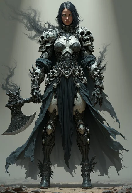 female with marble face, skull arms, dark skin, ((stone golem woman)), strong body, Mature, mature face, 35 years, short black hair, hands holding axe craved with skulls Black flame flows around it, in fighting posture, crazy face, large Blade of darkness, style, octane render, high detailed, ultra realistic, volumetric, pov green eyes, boots high heels, Black battle dress, front view