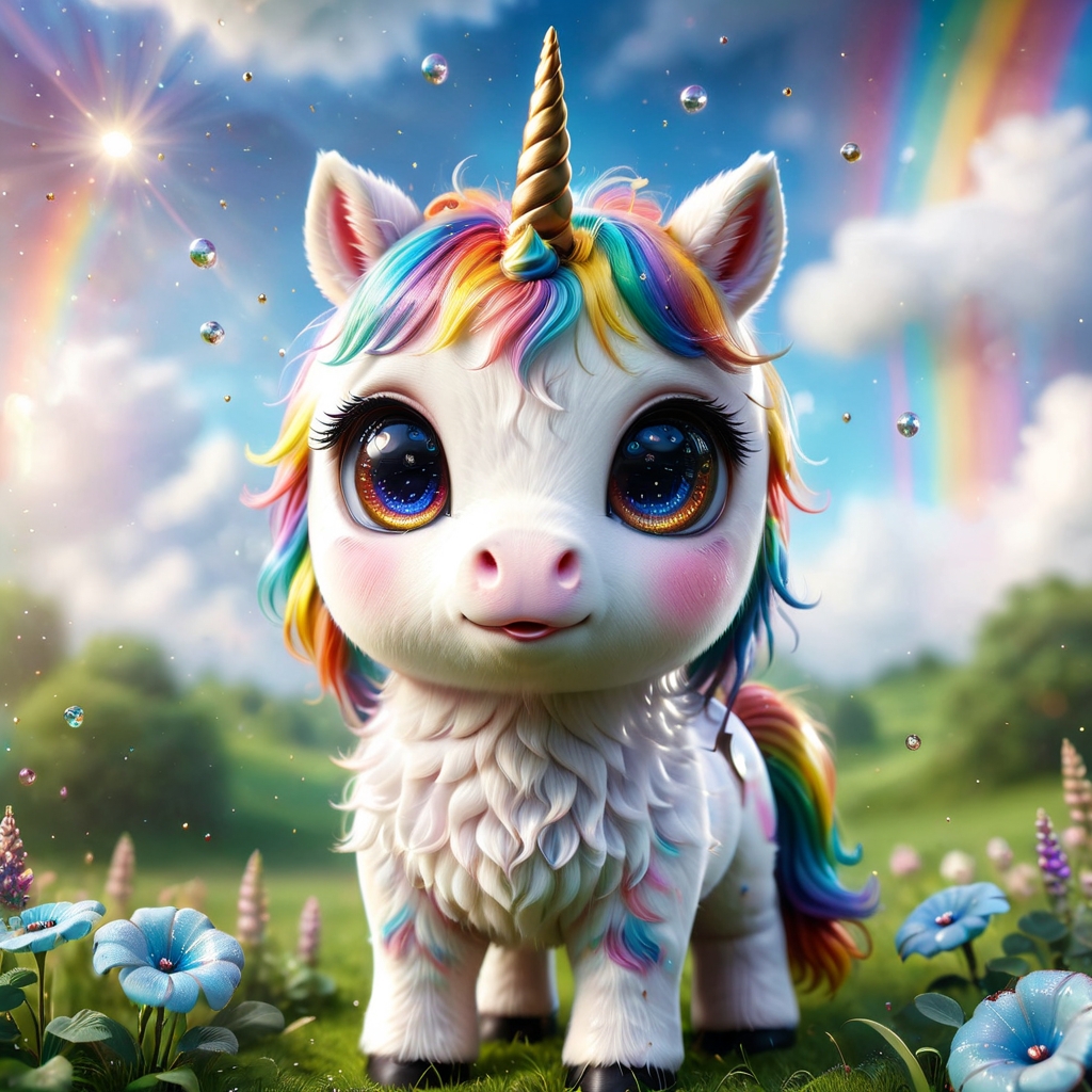 pam-swtvrld unicorn, rainbow background,clouds,sunlight,full depth of field and realistic textures,highly detailed,masterpiece,high quality, 8K Ultra HD,