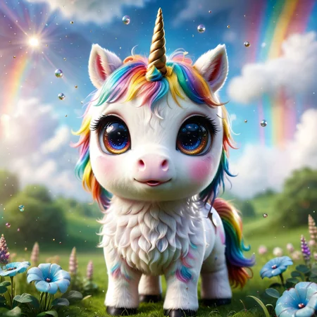 pam-swtvrld unicorn, rainbow background,clouds,sunlight,full depth of field and realistic textures,highly detailed,masterpiece,high quality, 8K Ultra HD,