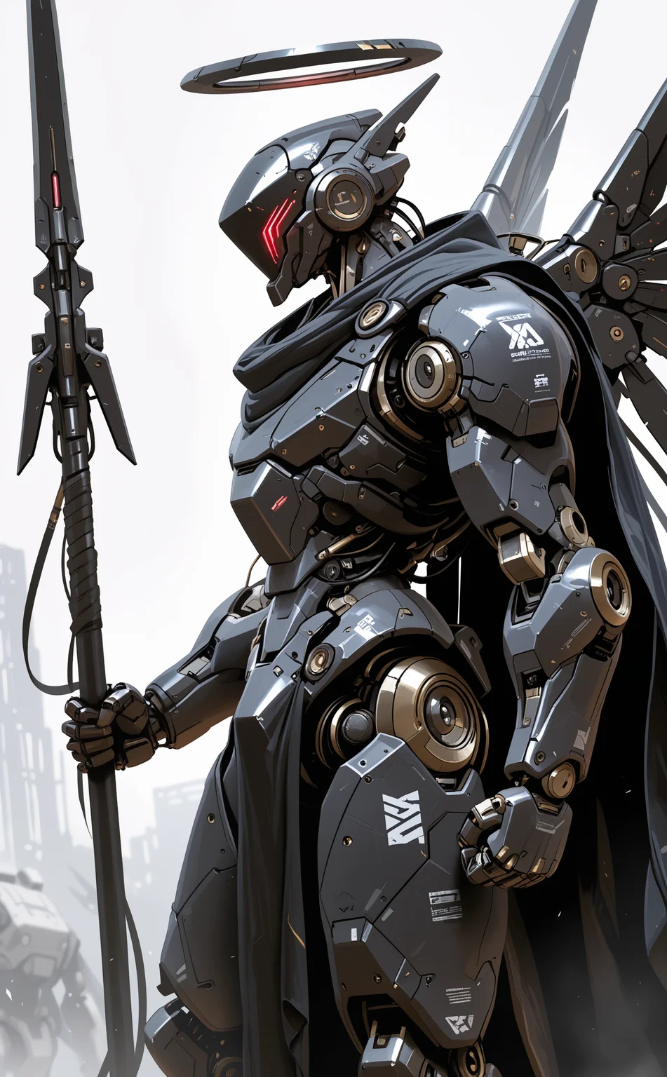 masterpiece, best quality, amazing quality, solo, 1boy, holding, male focus, weapon, wings, holding weapon, cape, armor, halo, from side, no humans, helmet, robot, polearm, clenched hand, mecha, science fiction, spear, black cape, holding polearm, mechanical halo, cyborg, robot joints, humanoid robot, assault visor, mcnm <lora:noobai_ep11_stabilizer_v0.138_fp16:0.3> <lora:NOOB_vp1_detailer_by_volnovik_v1:0.3> <lora:-_iLL_-_the_edgy_mech_V3.0:0.8>