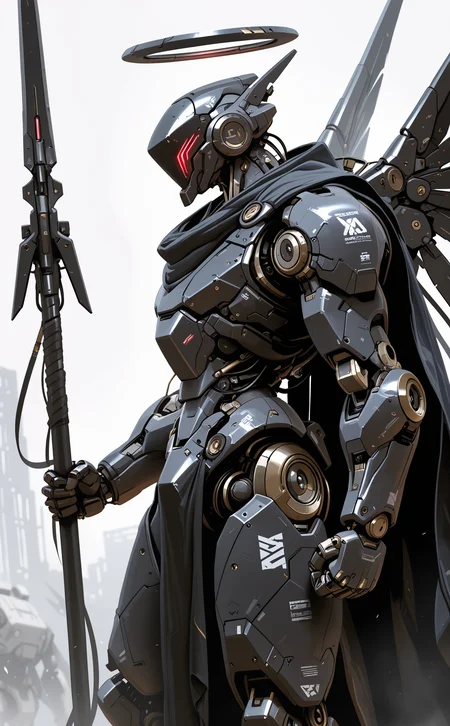 masterpiece, best quality, amazing quality, solo, 1boy, holding, male focus, weapon, wings, holding weapon, cape, armor, halo, from side, no humans, helmet, robot, polearm, clenched hand, mecha, science fiction, spear, black cape, holding polearm, mechanical halo, cyborg, robot joints, humanoid robot, assault visor, mcnm <lora:noobai_ep11_stabilizer_v0.138_fp16:0.3> <lora:NOOB_vp1_detailer_by_volnovik_v1:0.3> <lora:-_iLL_-_the_edgy_mech_V3.0:0.8>