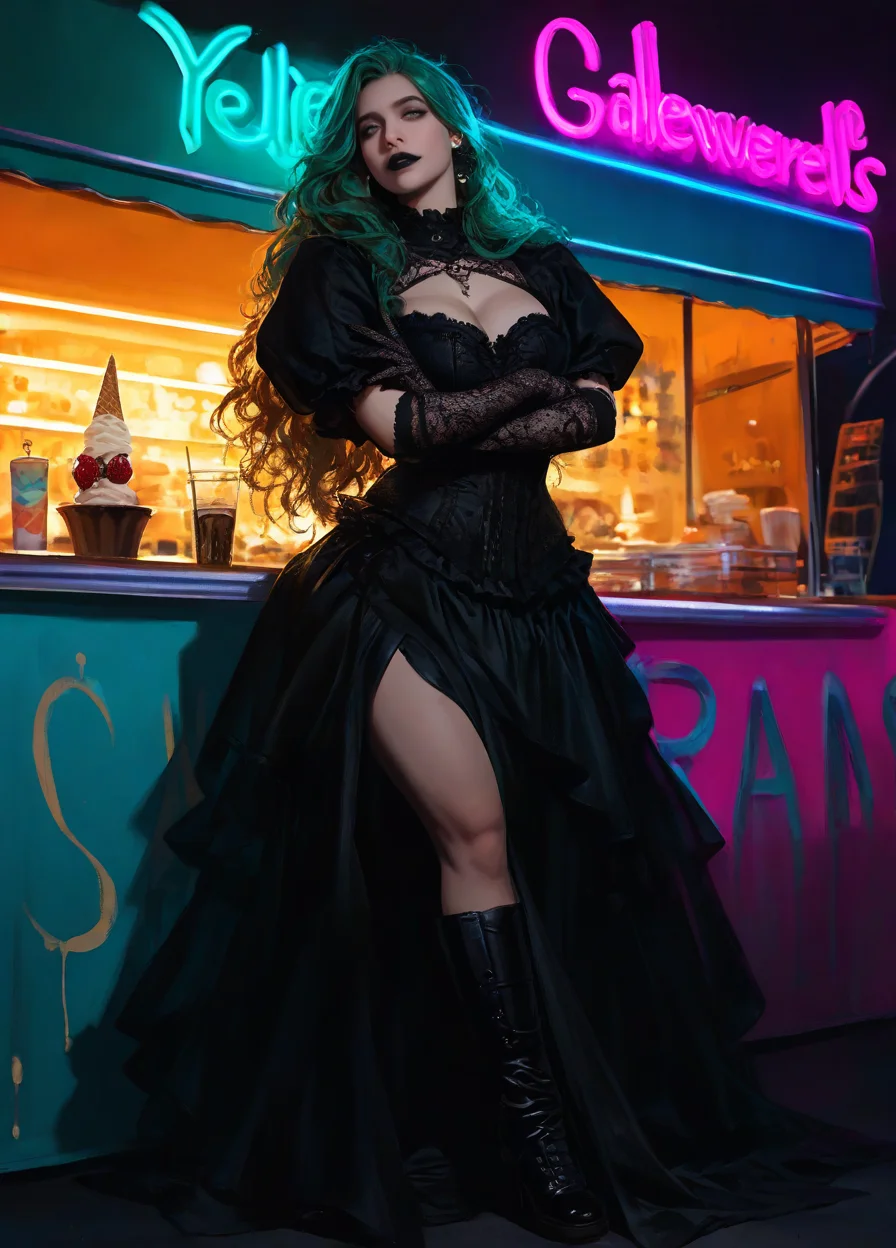 realistic, ink art,
masterpiece, best quality, amazing quality, highres, absurdres, very aesthetic, very awa,expert shading,3l3ganc3, 1girl,25 yo, grey eyes, cinematic lighting a gothic witch stands confidently behind the counter of an ice cream truck bathed in pastel neon lights. She wears a flowing black dress with velvet textures and corset detailing, lace gloves, and heavy boots. Her long chestnut hair cascades in messy waves, framing a pale, symmetrical face with dark lipstick and piercing gray eyes that seem to know your secrets, her expression is unreadable, somewhere between seductive and annoyed, as if sheâs been summoned here by mistake or perhaps on purpose. Behind her, rows of brightly colored ice cream tubs glow in bubblegum pinks, mint greens, lemon yellows. Oversized scoops melt slowly in sugar cones stacked like runes, the truck is covered in cartoon strawberries and sparkles, while she leans against it with one hip out, arms crossed, exuding an aura of absolute misplacement or dominion. Little bats hang like garlands from the roof. One hand stirs a floating waffle cone using what looks like a levitation spell, Everything screams sweetness except her. <lora:_Elegence_Ink_svd_linear:0.75>