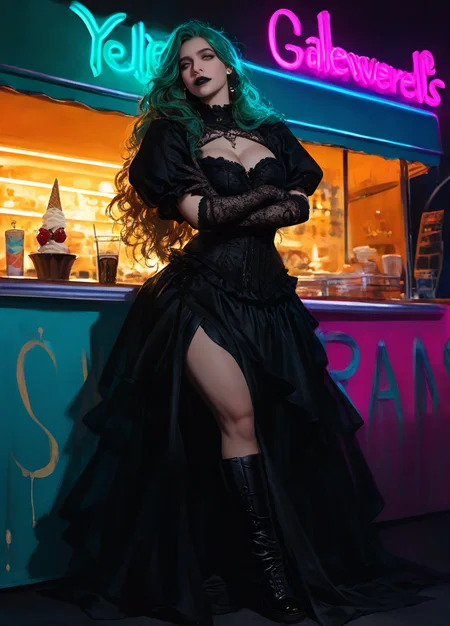 realistic, ink art,
masterpiece, best quality, amazing quality, highres, absurdres, very aesthetic, very awa,expert shading,3l3ganc3, 1girl,25 yo, grey eyes, cinematic lighting a gothic witch stands confidently behind the counter of an ice cream truck bathed in pastel neon lights. She wears a flowing black dress with velvet textures and corset detailing, lace gloves, and heavy boots. Her long chestnut hair cascades in messy waves, framing a pale, symmetrical face with dark lipstick and piercing gray eyes that seem to know your secrets, her expression is unreadable, somewhere between seductive and annoyed, as if sheâs been summoned here by mistake or perhaps on purpose. Behind her, rows of brightly colored ice cream tubs glow in bubblegum pinks, mint greens, lemon yellows. Oversized scoops melt slowly in sugar cones stacked like runes, the truck is covered in cartoon strawberries and sparkles, while she leans against it with one hip out, arms crossed, exuding an aura of absolute misplacement or dominion. Little bats hang like garlands from the roof. One hand stirs a floating waffle cone using what looks like a levitation spell, Everything screams sweetness except her. <lora:_Elegence_Ink_svd_linear:0.75>