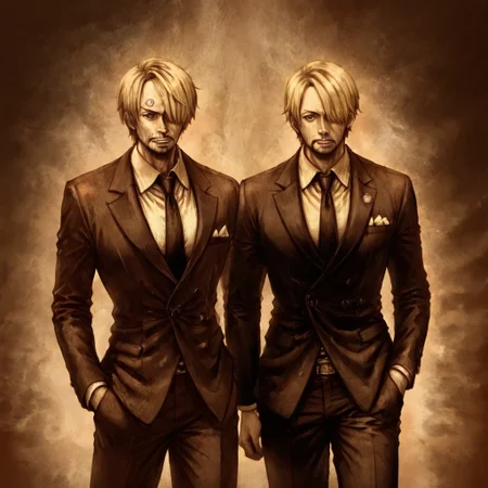 masterpiece, best quality, newest, absurdres, highres, D3CSPS-V1.0, brown theme, sepia, monochrome, 
1boy, Sanji \(one piece\), blonde, blonde hair, yellow nectike, suit, formal clothes