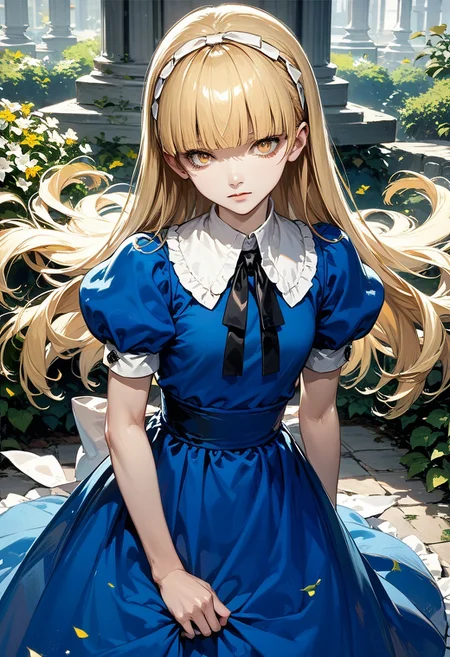 score_9, score_8_up, score_7_up, source_anime, best quality, masterpiece,
human, female, solo,
<lora:zs_AliceXL:1> alicesmt, dress, long hair, blonde hair, hairband, blunt bangs, puffy sleeves, blue dress, yellow eyes,