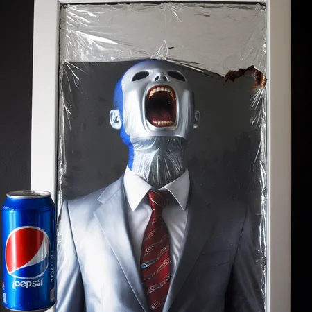 A hollow body, emerging from the neck a soul of light, the one that replaces what was once the man inside the suit and tie: and it hasn't. Nothing can replace it, yet the corporate logos, the Pepsi, the Coke, the Nintendos and so on speak through its neck and somewhere in the static, like an enigmatic face pressed against a saran wrap wall, it screams. And you see it there, late at night in the mirror: he is alive in there in the screaming thing that wakes into television and presses into its pillow like death like death like all that has wept and long gone down into the grave of night, the one that never sleeps now, and besides, the light stays on in the daytime too