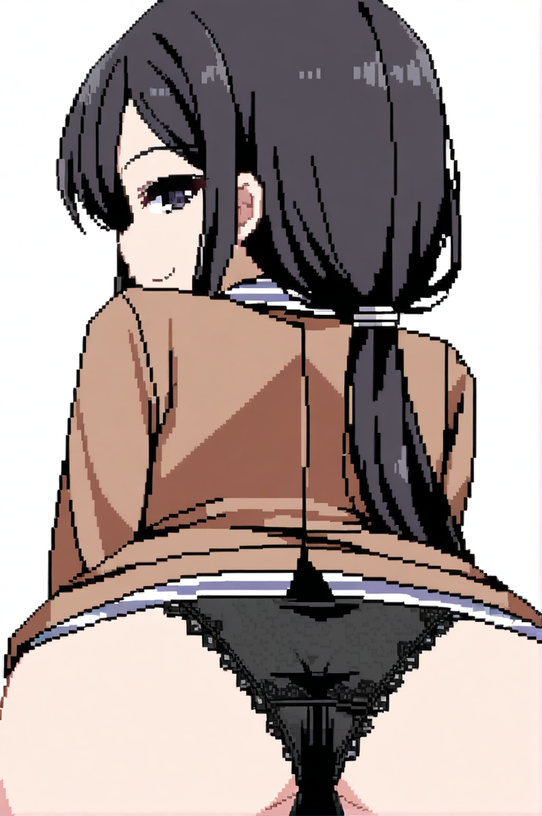character: Kanae (å¶ç»), character: Kanae (å¶ç») clothes1, pixel art, 1girl, solo, simple background, white background, from behind, looking back, looking at viewer, smile, black hair, long hair, ass, black panties, no pants, lace trim, brown jacket, back focus, white striped shirt, low ponytail<lora:summer memories v8.3 (å¤æè£æ­£ååå¾ç¿»è½¬)-000005:1>