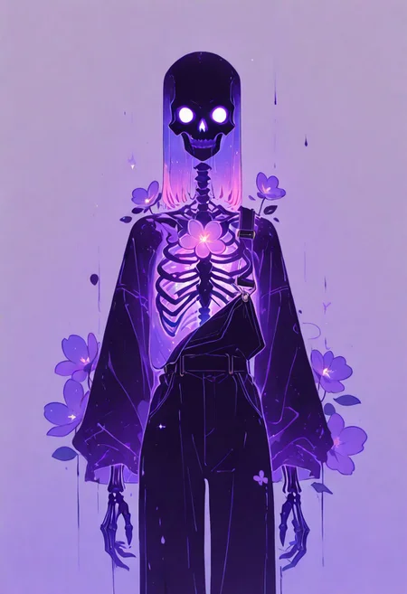 masterpiece, best quality, good quality, newest, highres, absurdres, solo, The image features a striking visual contrast between life and death. A detailed, skeletal hand emerges from a sparse, muted background, which suggests an arid, desolate environment. Nearby, a large, vibrant flower—resembling a lotus—blooms prominently. Its petals are a deep shade of black with hints of purple and blue at the center, emanating an almost ethereal glow. This juxtaposition between the lifeless skeleton and the vivid, enchanting flower suggests themes of beauty arising from decay or the cycle of life and death. In the background, the remnants of a skull hint at a deeper narrative, enhancing the overall atmosphere of mystery and intrigue.