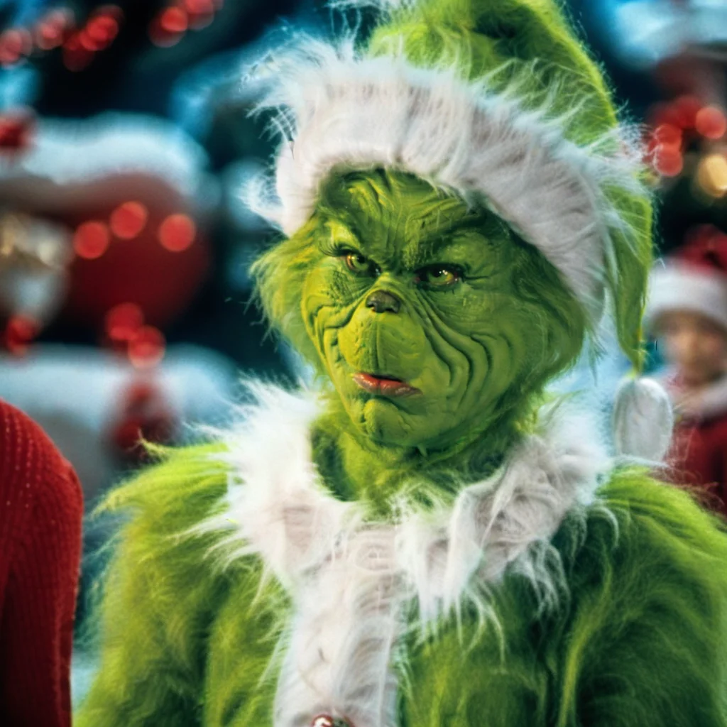Grinch1024, a humanoid with green fur and green skin, dressed as santa, christmas tree, livingroom, detailed eyes, highly detailed, photography, ultra sharp, film, bokeh, professional, 4k <lora:Grinch1024:0.8>