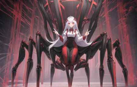(robotic:1.3), robotic legs, robotic arms, 1girl, (arthropod girl:1.3), (arthropod limbs:1.3), red skirt, large breasts, carapace, elbow gloves, (extra legs:1.2), (high-waist skirt:1.3), long hair, monster girl, multiple legs, partially fingerless gloves, spider girl, original, <lora:spider_girl_v1:1.5>