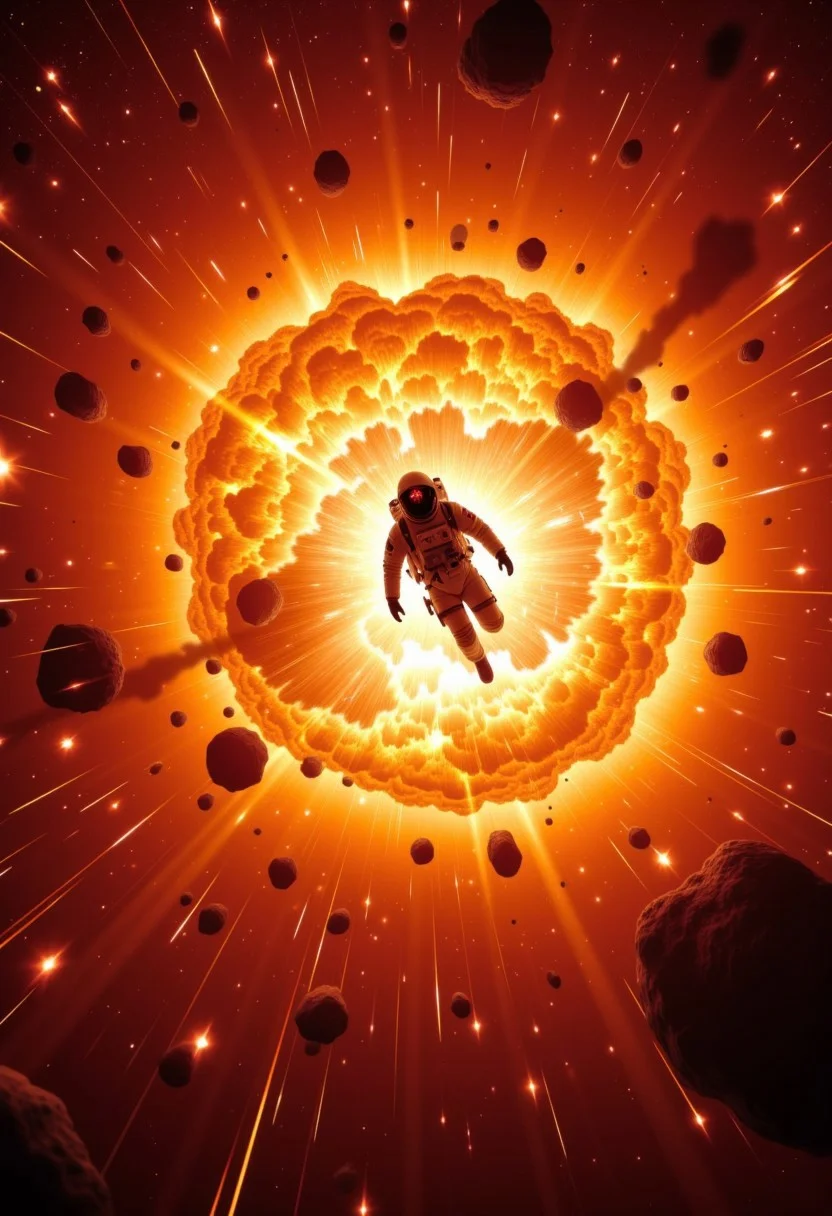 A high-resolution scene captures an astronaut in mid-flight, soaring through space away from a massive, impending supernova explosion. The explosion’s shockwave is vibrant, rippling through space with bright, fiery oranges and reds, tearing apart nearby asteroids in a violent blast of cosmic energy. The astronaut, in a sleek, futuristic spacesuit, is barely escaping the destruction, trailing a glowing exhaust from his jetpack. Behind him, stars and nebulae blur in a burst of chaotic motion as the supernova's energy expands, lighting up the void like a massive, surreal fireball. The astronaut’s visor is cracked, reflecting the explosion’s flames as he races against time to escape the blast radius.