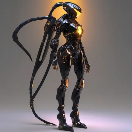 Alien-themed FUNDING,future,concept robot,black robot solo,standing,full body,glowing,robot,black background,mecha,science fiction,scythe,<lora:FN_WeiLai-000005:1>,1girl, . Extraterrestrial, cosmic, otherworldly, mysterious, sci-fi, highly detailed