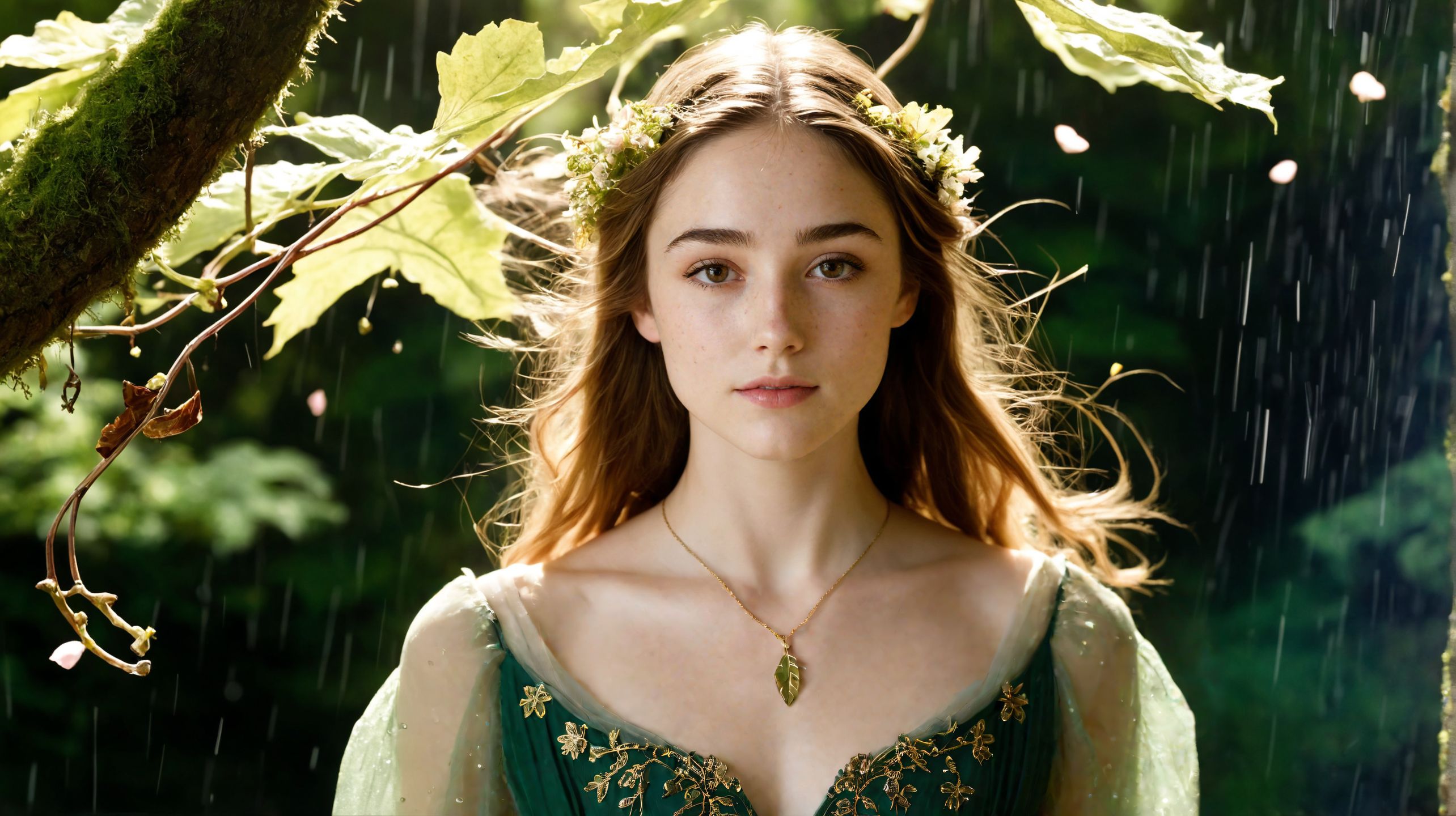 lazyreal, <(Photo of Olivia_Eneftees intense stare at viewer, enigmatic (mushroom:0.7) magician:1.2), (casting druidic nature magic:1.1), (explosive spell effects of blooming vines, glowing petals, ethereal pollen:1), (standing on a moss-covered stone platform:1), (dense enchanted forest background:0.8), (radiant bioluminescent flora swirling around her:1), (long flowing green and gold robes embroidered with leaf motifs:1), (style of Stephanie Law), (sunlight breaking through canopy, catching magical particles in midair:1), (motion of wind through leaves and hair:1), (arcane glyphs glowing midair, ephemeral runes trailing from her fingers:1.3), (intense expression of focus and serenity:1), (dynamic composition with top-down lighting and soft mist around feet:1), (wildlife watching silently from the shadows:0.6) (background of ancient elven ruins entangled in roots and flowers:0.7), (gentle rain sparkling with fae magic falling around her:0.9), Photo of Olivia_Eneftees>