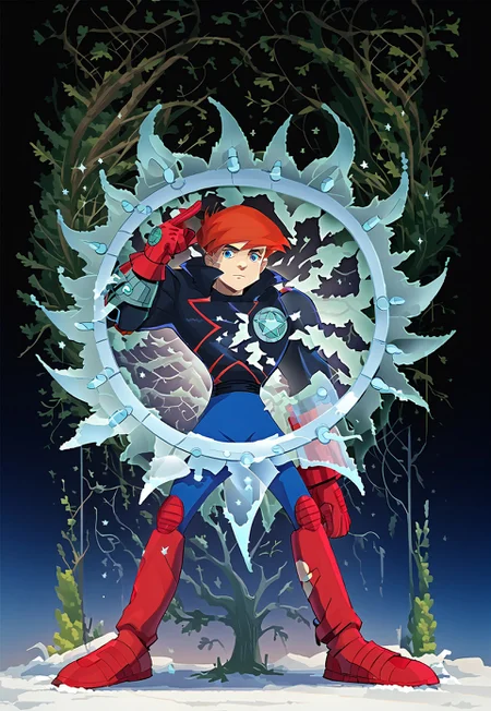 score_9, score_8_up, score_7_up, dynamic pose, full body shot, full body, source_anime, masterpiece, best quality, 1boy, James Rogers, Blue Eyes, Red Hair, Hero Costume, Black Jacket, Blue Pants, Red Gloves, Red Boots and Kneepads, one mechanical bracer, single bracer, bracer on left arm,  Transparent Shield. easynegative, ng_deepnegative_v1_75t, negative_hand, verybadimagenegative_v1.3, dark, chiaroscuro, low-key, pam-flwr, dark, chiaroscuro, low-key,  easynegative, Expressiveh, thick outline, white outline