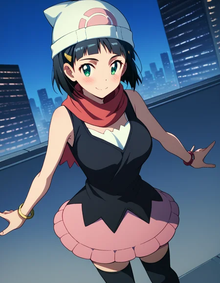 score_9, score_8_up, score_7_up, source_anime, suguhakirigaya, <lora:suguha-kirigaya-s1-ponyxl-lora-nochekaiser:1>, suguha kirigaya, short hair, black hair, hair ornament, hairclip, green eyes, large breasts,, <lora:dawn-pokemon-cosplay-ponyxl-lora-nochekaiser:1>, dawnpokemoncosplay, dawn \(pokemon\) \(cosplay\), bare shoulders, beanie, black shirt, black socks, bracelet, hat, jewelry, kneehighs, miniskirt, pink skirt, red scarf, scarf, shirt, skirt, sleeveless, sleeveless shirt, white headwear,, cityscape, street, smile, blush,, cowboy shot, dutch angle, solo,