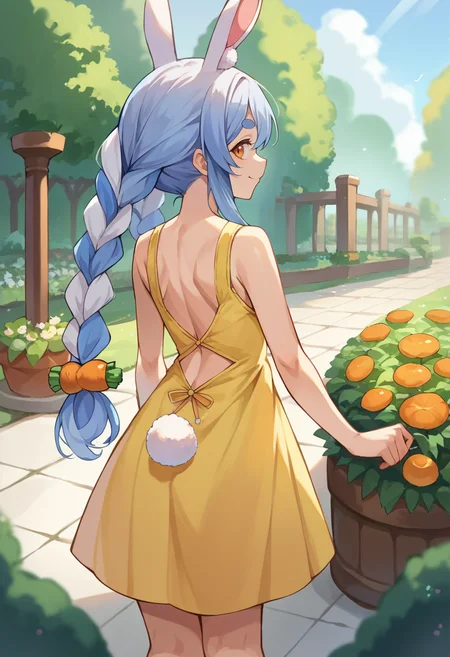 score_9, score_8_up, source_anime, 1girl, solo, UsadaPekora, orange eyes, thick eyebrows, rabbit ears, two-tone hair, blue hair, white hair, long hair, twin braids, hair ornament, from behind, yellow sundress, garden, day, sunshine, smile, looking back, rabbit tail, <lora:ChamUsadaPekoraPonyXL:1>