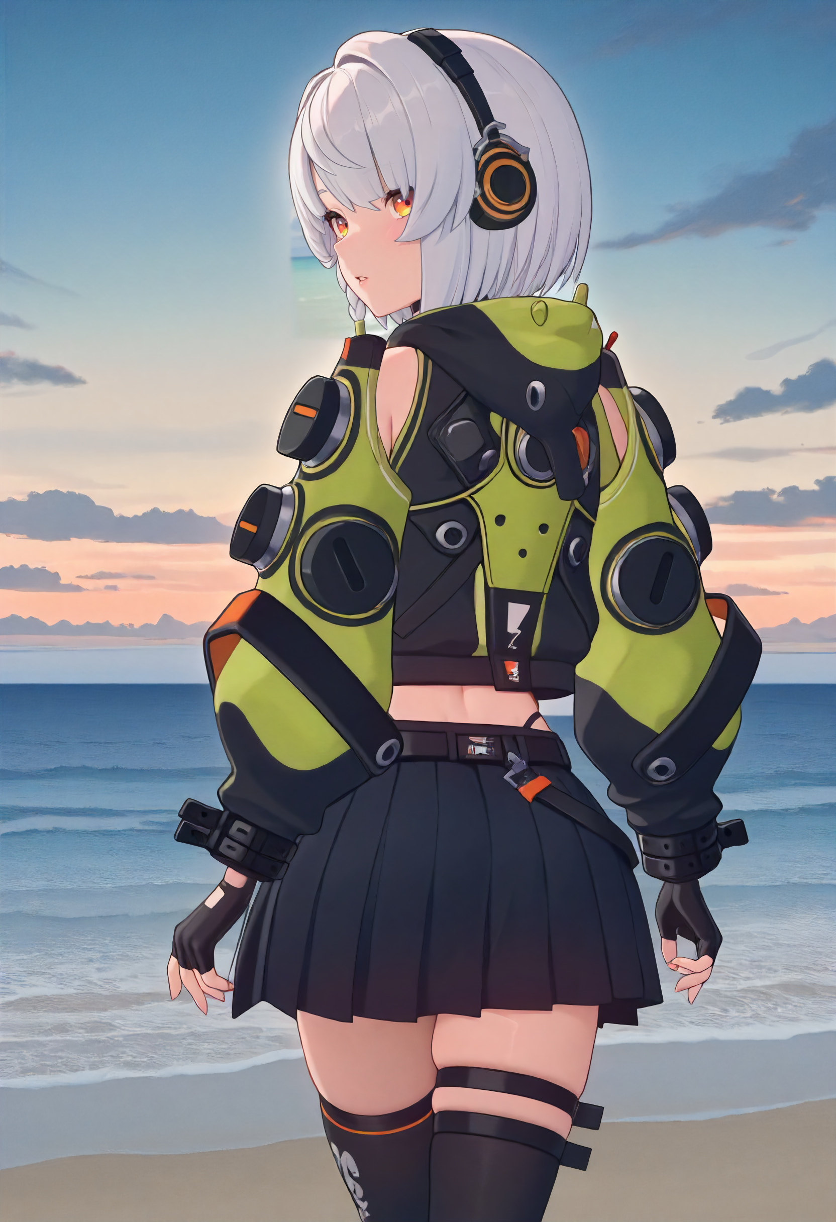 masterpiece, best quality, amazing quality, very aesthetic, absurdres, newest, scenery, volumetric lighting, perfect eyes, ultra detailed,
1girl, anby demara, solo, white hair, orange eyes, orange headphones, tiny braid,
choker, black and green hood, black and green futuristic hoodie, detached sleeves, sleeve ornaments, shackles, fingerless gloves, navel, thong lines, belt, skirt strap, black skirt, thigh straps, black thigh highs,
from behind, rear view, walking, looking back, parted lips, beautiful face,
beach, ocean, horizon, clouds, organe sky, detailed background, beautiful frame,
<lora:Anby_Soldier_-_Zenless_Zone_Zero_ZZZ_-_Illustrious:1>
masterpiece, best quality, amazing quality, very aesthetic, absurdres, newest, scenery, volumetric lighting, perfect eyes, ultra detailed,