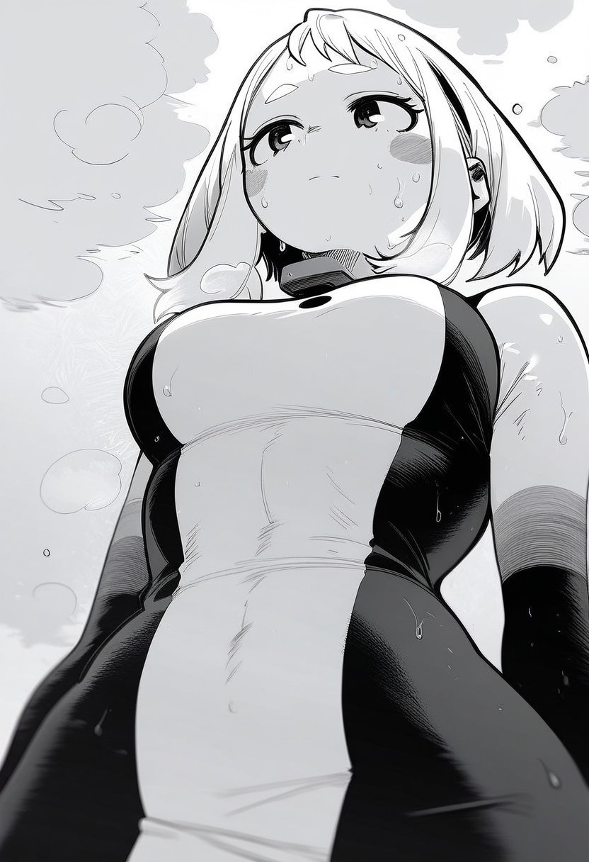 flatshinyskin, score_9, score_8_up, score_7_up , 1girl, 1girl, mosaic censoring, slight seductive pose,, medium breasts, sweating, breasts,, long skirt, 1girl, solo focus, Upper body, hands behind, wet, sweaty, sweating, steam, lying on back, low angle, under boobs, 
ochako_uraraka, 1girl, score_9, score_8_up, score_7_up, Monochrome, MANGASTYLE ,bodysuit, solo focus, perfect body, curvey, thick waist, thick body, skin tight dress, , front view, front focus,
 ((facing up, looking upwards)), arched back, leaning backwards